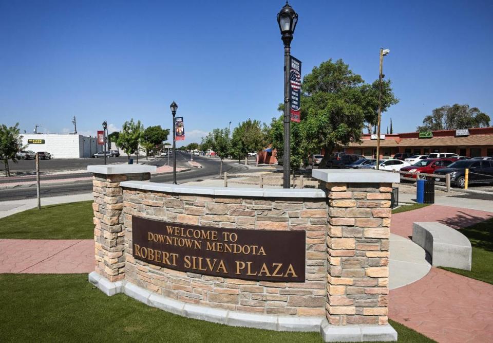 Robert Silva Plaza welcomes visitors to downtown Mendota where the crime rate has dropped in recent years.