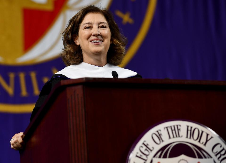 Laurie A. Leshin delivers the commencement address during the College of the Holy Cross commencement at the DCU Center on Friday.