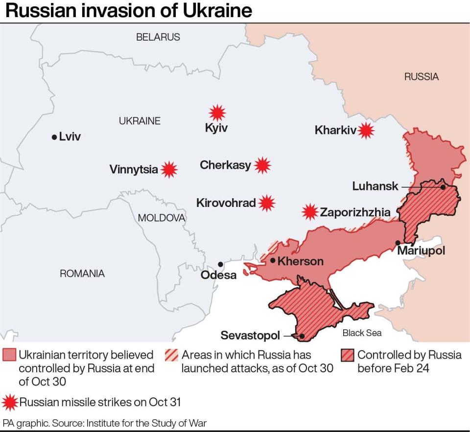 This map shows the current state of the war in Ukraine and locations of bombings on 31 October (Press Association Images)