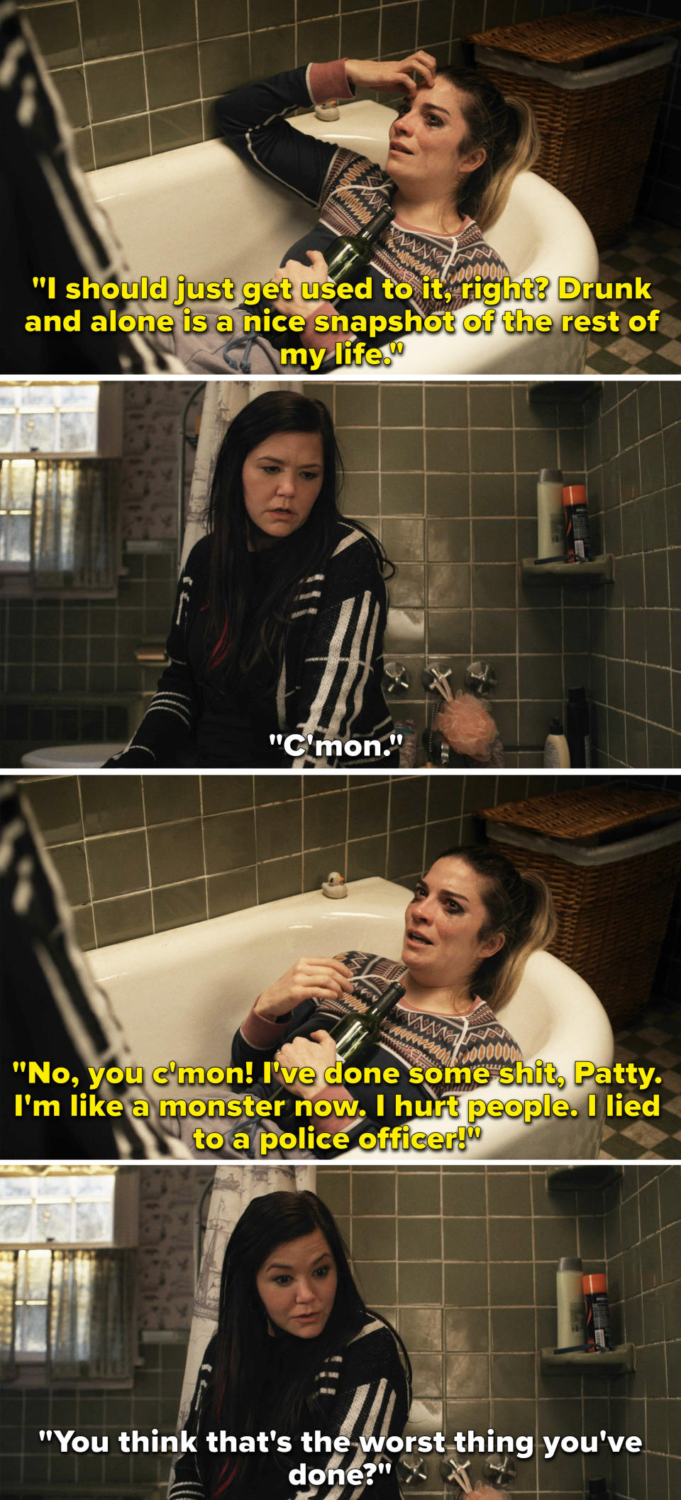 Allison sitting in an empty bathtub with a bottle of wine telling her friend that she's done some terrible things