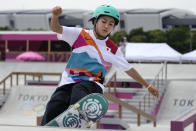 Funa Nakayama of Japan competes in the women's street skateboarding finals at the 2020 Summer Olympics, Monday, July 26, 2021, in Tokyo, Japan. (AP Photo/Ben Curtis)