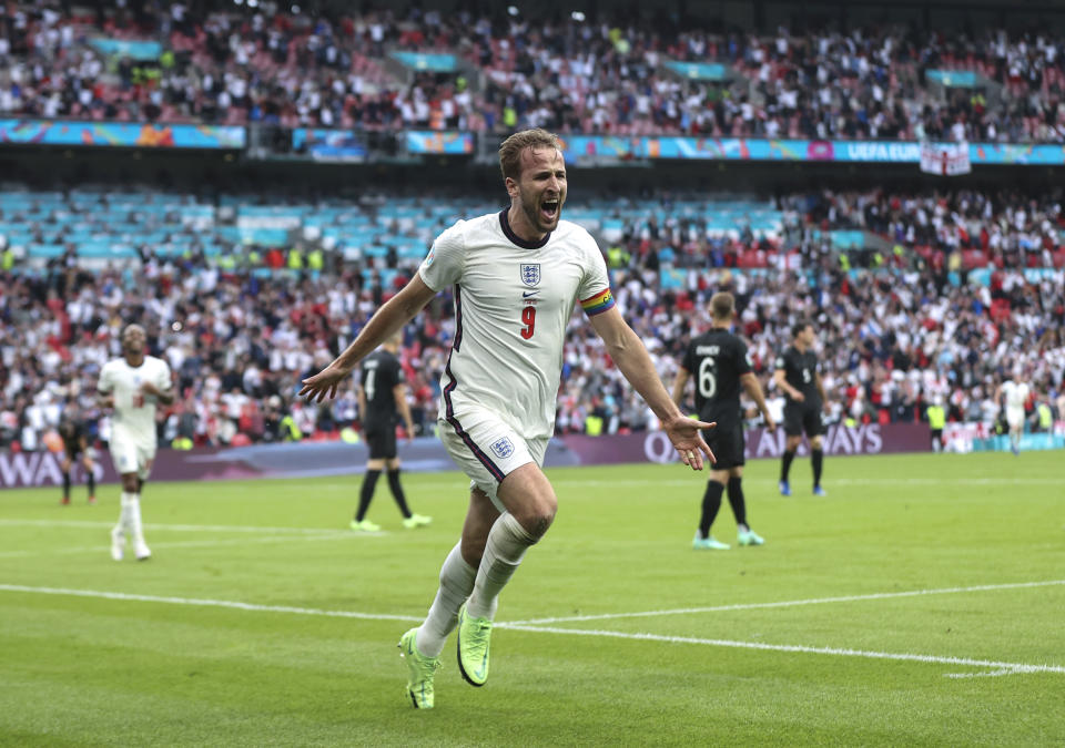 LONDON, ENGLAND - JUNE 29: Harry Kane of England celebrates after scoring his team's second goal during the UEFA Euro 2020 Championship Round of 16 match between England and Germany at Wembley Stadium on June 29, 2021 in London, England. (Photo by Eddie Keogh - The FA/The FA via Getty Images)