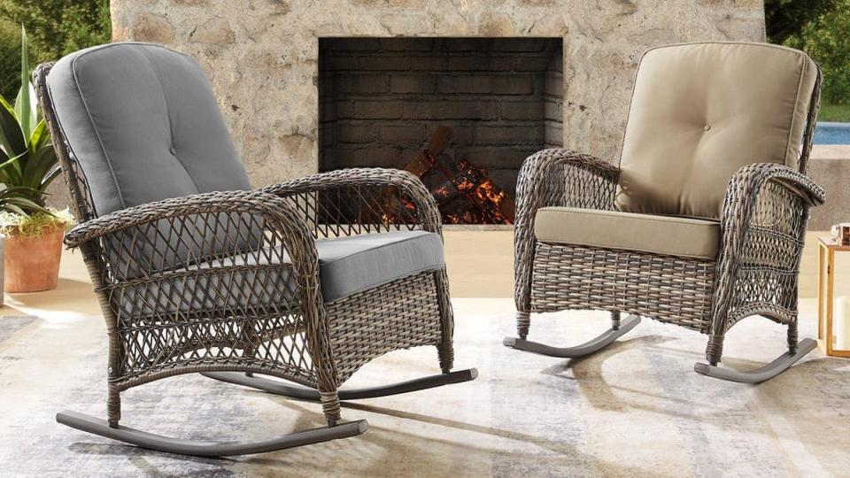 Spend cozy times outside with these woven Corvus rocking chairs.