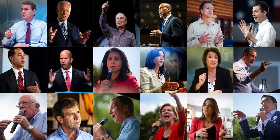 From left to right, starting at the top: U.S. Sen. Michael Bennet, former Vice President Joe Biden, former Mayor Michael Bloomberg, U.S. Sen. Cory Booker, Gov. Steve Bullock, Mayor Pete Buttigieg, former Housing and Urban Development Secretary Julián Castro, former U.S. Rep. John Delaney, U.S. Rep. Tulsi Gabbard, U.S. Sen. Kamala Harris, U.S. Sen. Amy Klobuchar, U.S. Rep. Tim Ryan, U.S. Sen. Bernie Sanders, former U.S. Rep. Joe Sestak, Tom Steyer, U.S. Sen. Elizabeth Warren, Marianne Williamson and Andrew Yang.