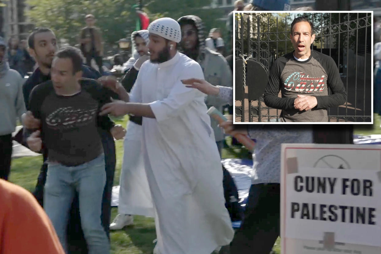 Ami Horowitz 'carrying U.S. flag kicked and punched by pro-Palestinian protestors' at CUNY