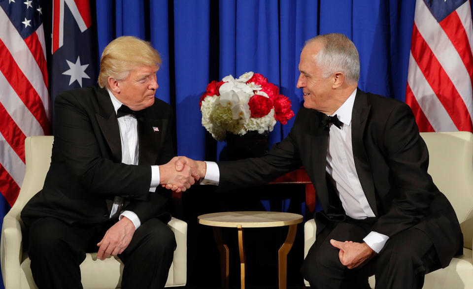 <p>President Donald Trump and Australian Prime Minister Malcolm Turnbull shake hands during their meeting aboard the USS Intrepid, a decommissioned aircraft carrier docked in the Hudson River in New York, Thursday, May 4, 2017. (Photo: Pablo Martinez Monsivais/AP) </p>