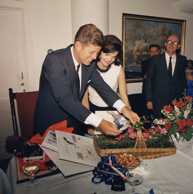 President's Birthday Party, given by White House Staff. L-R: President Kennedy, Mrs. Kennedy, Dave Powers. May 28, 1963.