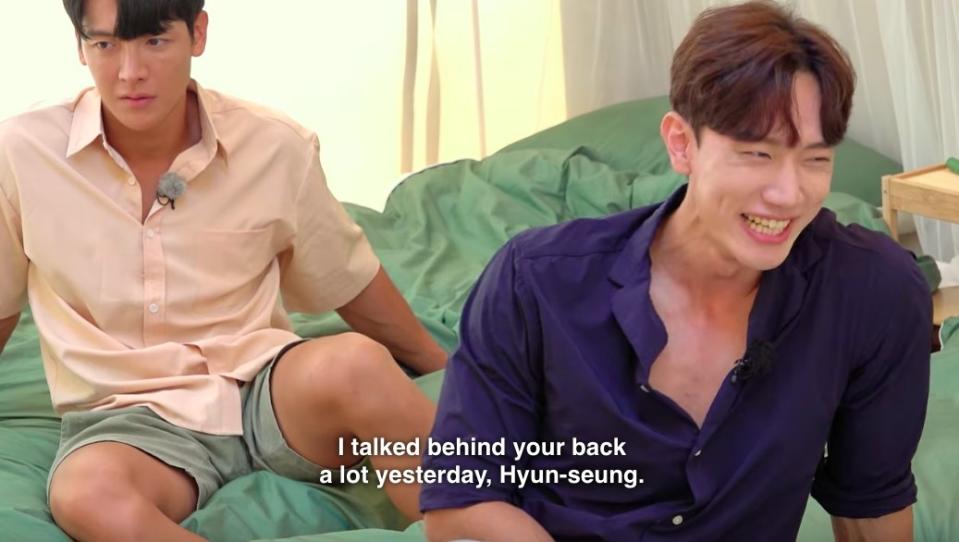 Hyeon-soong laughs and says "I talked behind your back a lot yesterday, Hyun-seung"