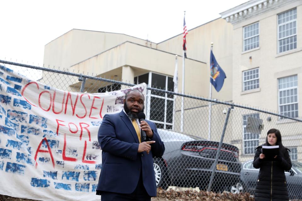 Westchester County Legislator Christopher Johnson speaks at a right-to-counsel rally outside Yonkers City Court March 24, 2023. Advocates are pushing for right-to-counsel legislation in Westchester County, which would give tenants in eviction proceedings access to legal representation in their cases.