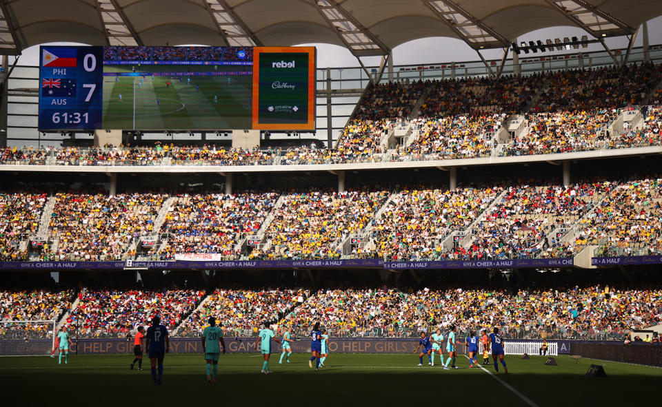 The Matildas and Philippines, pictured here at Optus Stadium.