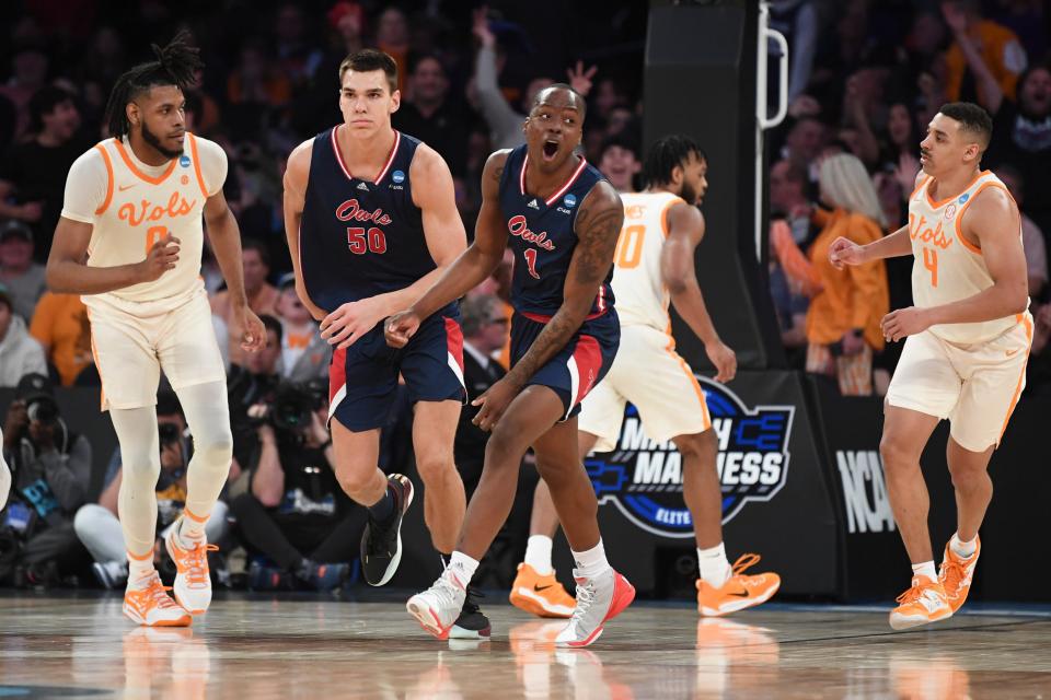 Florida Atlantic University guard Johnell Davis (1) reacts during a NCAA Tournament Sweet 16 game between Tennessee and FAU in Madison Square Garden, Thursday, March 23, 2023. FAU defeated Tennessee 62-55.