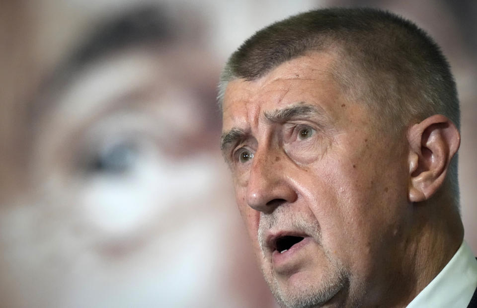 FILE - Czech Republic's Prime Minister and leader of centrist ANO (YES) movement Andrej Babis addresses the media after most of the votes were counted in the parliamentary elections, Prague, Czech Republic, Saturday, Oct. 9, 2021. On Sunday Oct. 30, 2022, the populist billionaire Andrej Babis has announced his intention to run for the largely ceremonial post of the Czech Republic's president. The first round of the presidential election is scheduled for Jan. 13-14, 2023. (AP Photo/Petr David Josek, File)