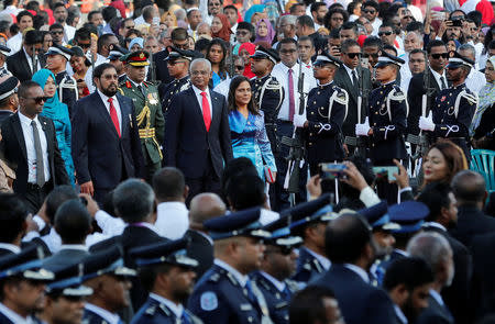 Maldives President-elect Ibrahim Mohamed Solih and his wife Fazna Ahmed arrive at the swearing-in ceremony in Male, Maldives November 17, 2018. REUTERS/Ashwa Faheem