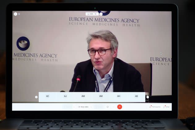 A screen grab from laptop shows Marco Cavaleri, Head of Biological Health Threats and Vaccines Strategy, explains the approval of the Pfizer / BioNTech vaccine, during an online press conference in Amsterdam, The Netherlands, on December 21, 2020. - The Amsterdam-based regulator dramatically moved the decision on the jab ahead from December 29, following pressure to accelerate the process from Germany and other EU states. (Photo by Pieter Stam de Jonge / ANP / AFP) (Photo by PIETER STAM DE JONGE/ANP/AFP via Getty Images) (Photo: PIETER STAM DE JONGE via Getty Images)