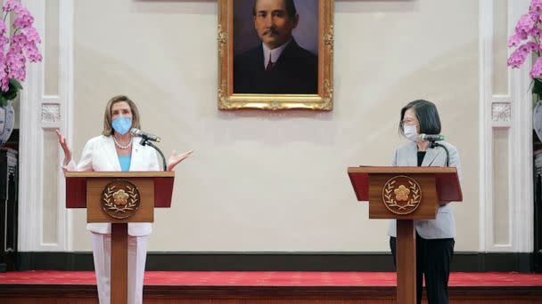 PHOTO: U.S. House of Representatives Speaker Nancy Pelosi speaks at a news conference with Taiwan President Tsai Ing-wen at the presidential office in Taipei, Taiwan Aug. 3, 2022. (Taiwan Presidential Office via Reuters)