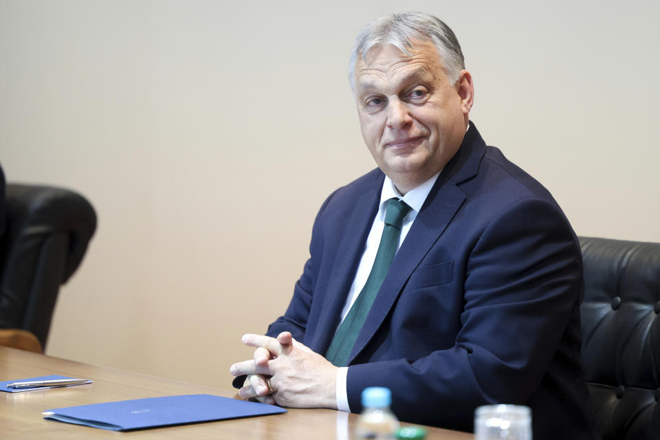 Hungarian Prime Minister Viktor Orban smiles during the meeting with the President of the Council of Ministers of Bosnia and Herzegovina Borjana Kristo in Sarajevo, Bosnia, Thursday, April 4, 2024. (AP Photo)