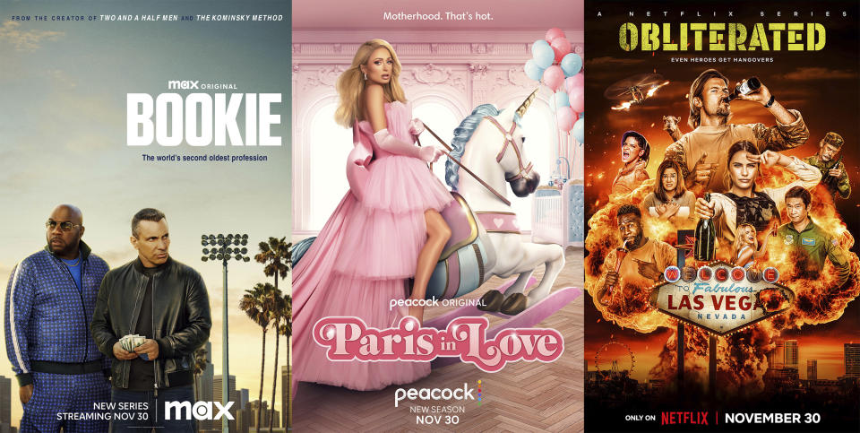 This combination of images shows promotional art for the series "Bookie," premiering Nov. 30 on Max, left, the second season of "Paris in Love," premiering Nov. 30 on Peacock, center, and "Obliterated," a new series premiering Nov. 30 on Netflix. (Max/Peacock/Netflix via AP)