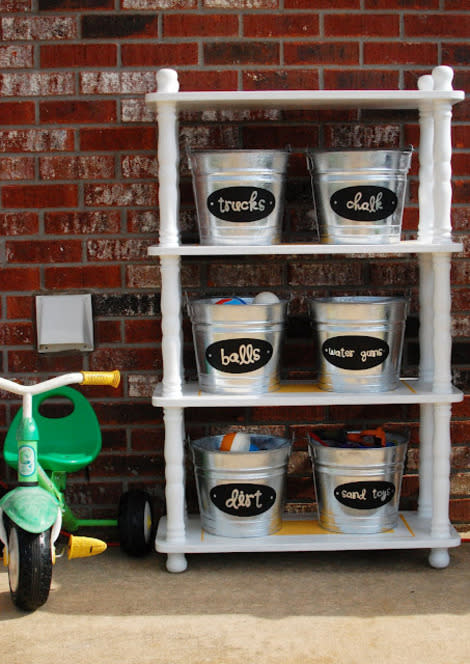 Upcycled Bookshelf with Galvanized Buckets