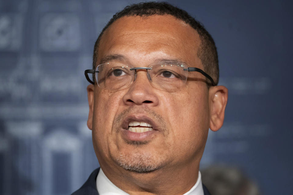 FILE - In this Feb. 19, 2020, file photo, Minnesota Attorney General Keith Ellison during a news conference in St. Paul, Minn. Taking over as lead prosecutor in George Floyd's death is giving Ellison a national platform to talk about race in America. And while Ellison is careful not to talk about details of the criminal cases against four Minneapolis police officers, he's grabbing the opportunity to raise issues about police reform that he's worked on in the past. (Glen Stubbe/Star Tribune via AP, File)