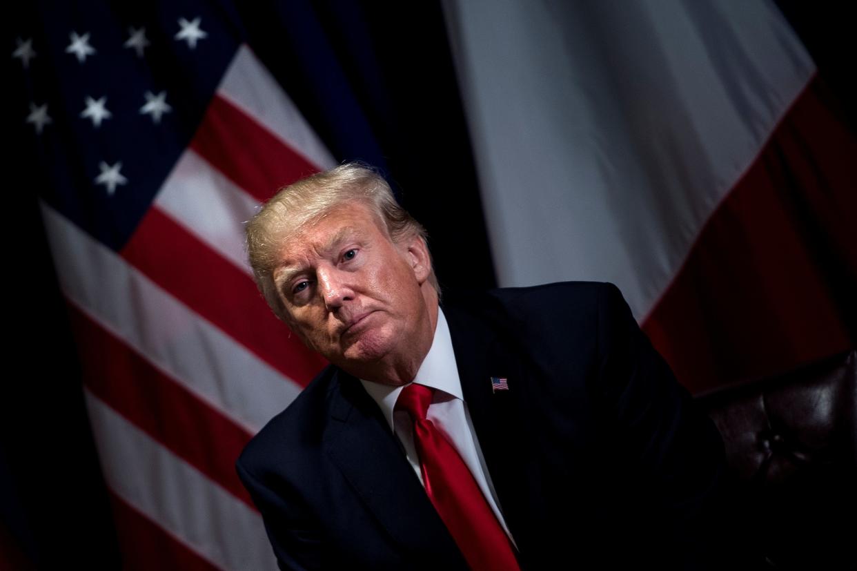 U.S. President Donald Trump waits for a meeting with French President Emmanuel Macron in New York City on Sept. 18, 2017.