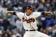 Atlanta Braves starting pitcher Charlie Morton (50) works in the first inning of a baseball game against the Cincinnati Reds Friday, April 8, 2022, in Atlanta. (AP Photo/John Bazemore)