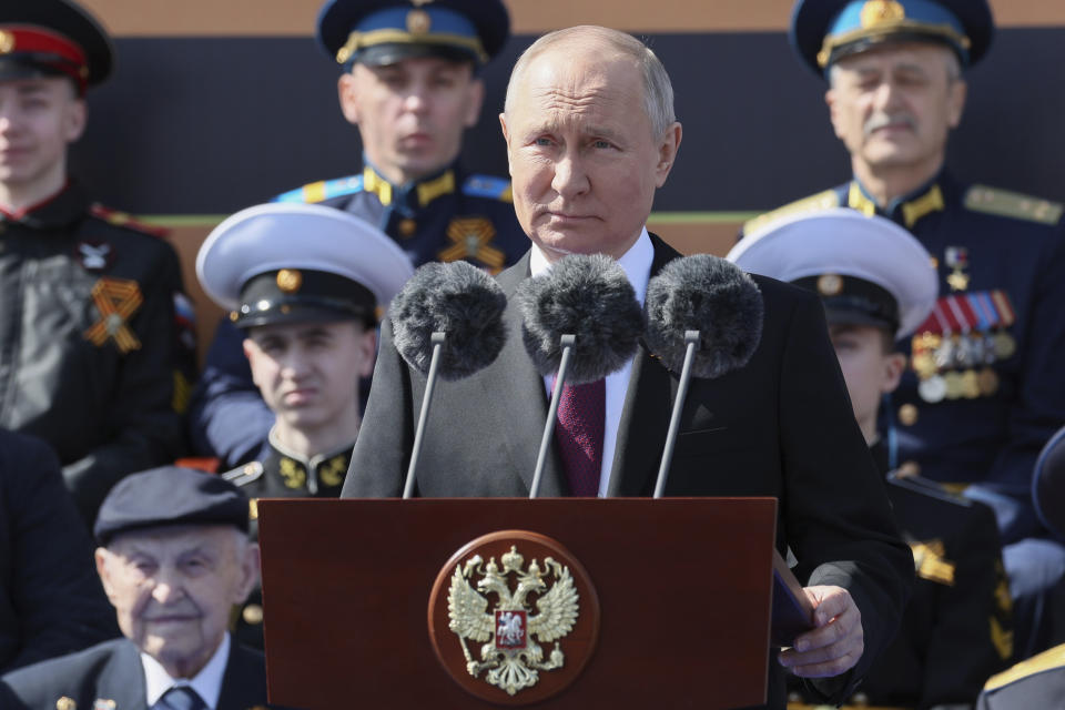 Russian President Vladimir Putin delivers his speech during the Victory Day military parade marking the 78th anniversary of the end of World War II in Red square in Moscow, Russia, Monday, May 9, 2022. (Gavriil Grigorov, Sputnik, Kremlin Pool Photo via AP)