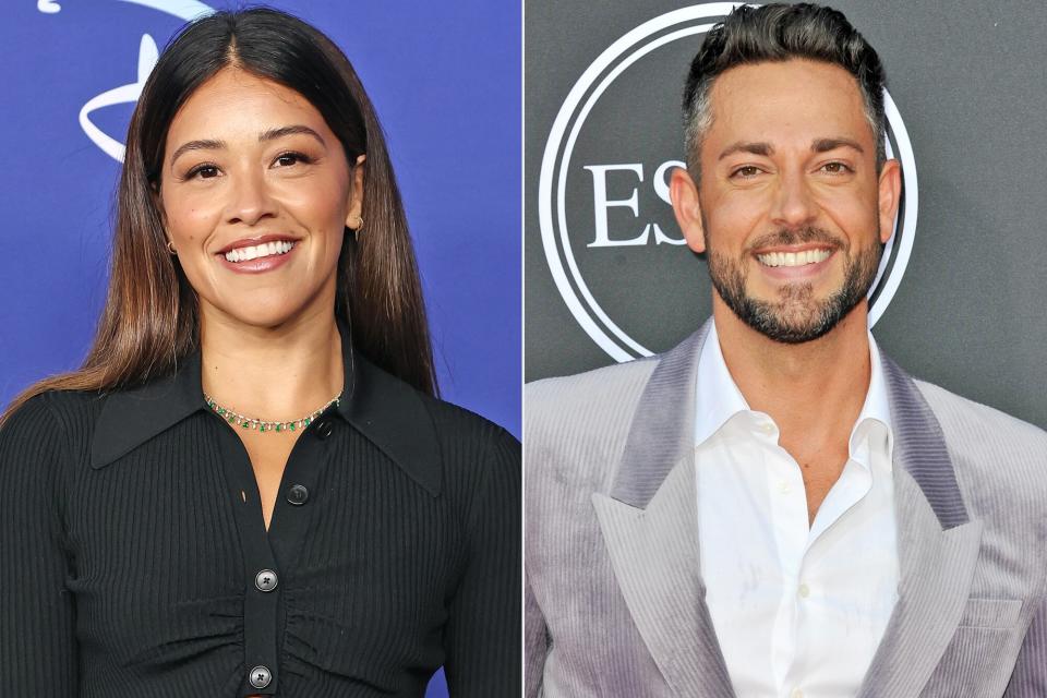 Gina Rodriguez attends the 2022 ABC Disney Upfront at Basketball City - Pier 36 - South Street on May 17, 2022 in New York City. (Photo by Arturo Holmes/WireImage); Zachary Levi attends the 2019 ESPY Awards at Microsoft Theater on July 10, 2019 in Los Angeles, California. (Photo by Allen Berezovsky/WireImage)