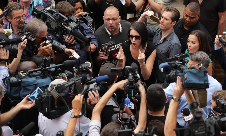 A counter demonstrator attempts to shout down Matthew Heinbach of the white nationalist Traditionalist Workers Party as they are surrounded by journalists in Charlottesville, Virginia, on 14 August.