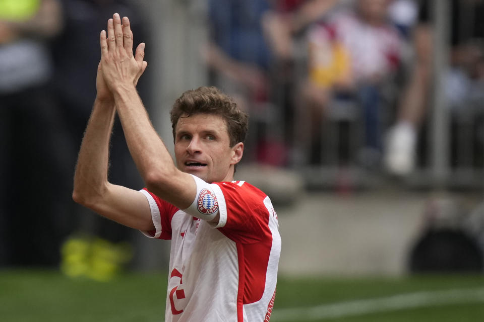 Bayern's Thomas Mueller reacts during the German Bundesliga soccer match between Bayern Munich and Cologne at the Allianz Arena in Munich, Germany, Saturday, April 13, 2024. (AP Photo/Matthias Schrader)
