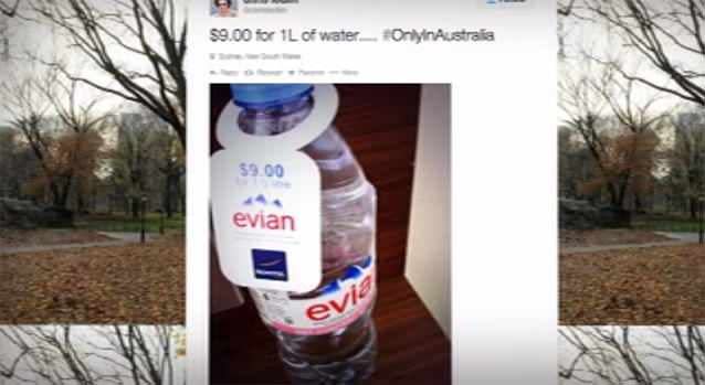 A Twitter user sparked outrage when he posted a photo of a bottle of water costing $9. Photo: 7News/Twitter