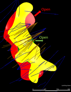 Plan view showing mineralization remains open to the north (base metal) and to the east (gold and copper-gold) of the 1901 deposit