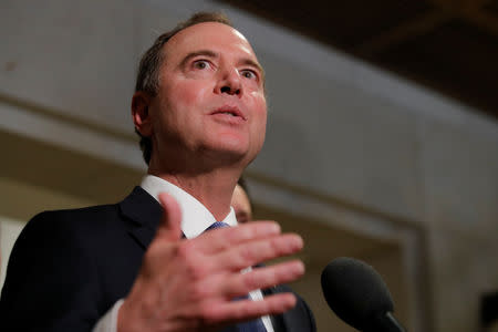 FILE PHOTO: House Intelligence Committee Chairman Adam Schiff (D-CA) speaks to reporters after the conclusion of testimony from Michael Cohen, the former personal attorney of U.S. President Donald Trump, at a closed House Intelligence Committee hearing on Capitol Hill in Washington, U.S., February 28, 2019. REUTERS/Jim Young/File photo