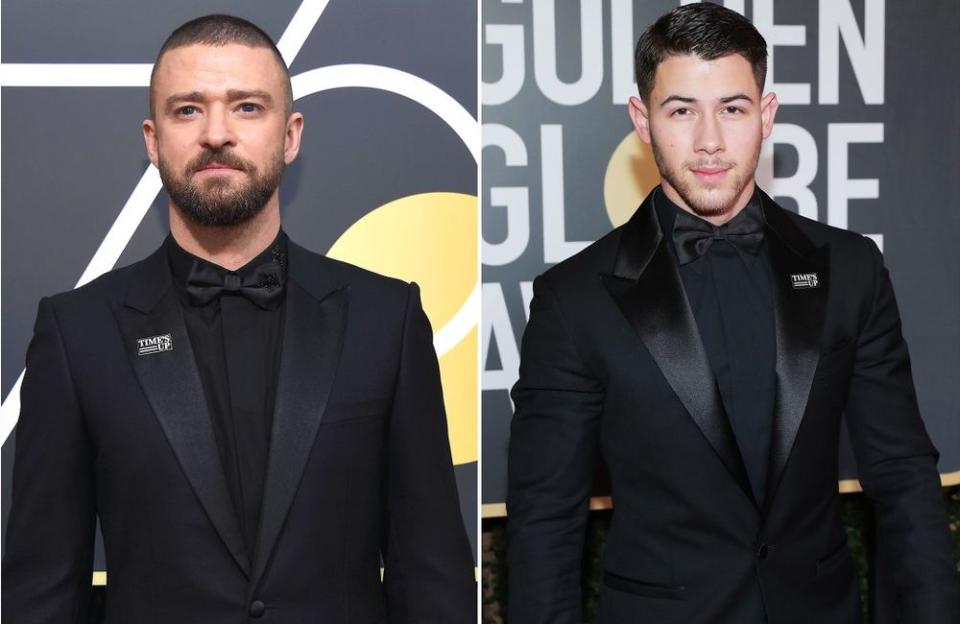 Justin Timberlake and Nick Jonas wear the Time's Up pin.