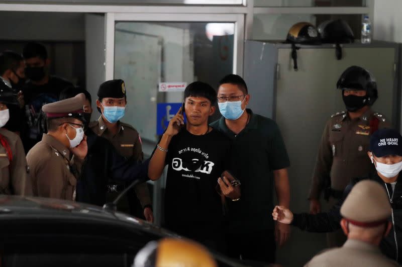 Panupong Jadnok, a pro-democracy student, one of the leaders of Thailand's recent anti-government protests, is seen at the police station after being arrested, in Bangkok