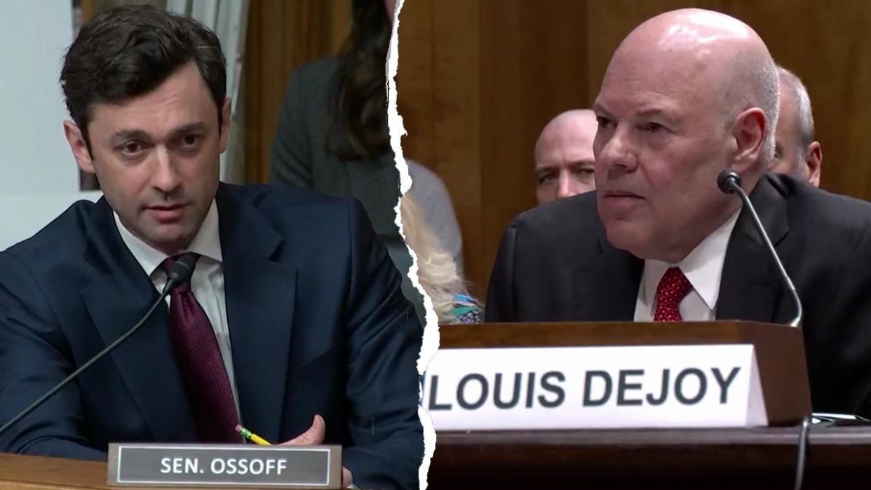 <div>Sen. Jon Ossoff grills Postmaster General Louis DeJoy during a Senate Homeland Security and Governmental Affairs Committee hearing on April 16, 2024.</div>