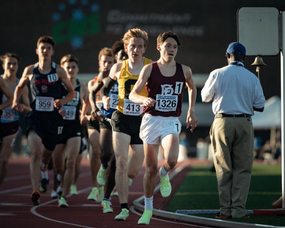 Fordham Prep's Myles Hogan competes in the 3200m run during the 2022 NYSPHSAA Outdoor Track and Field Championships in Syracuse on Friday, June 10, 2022.