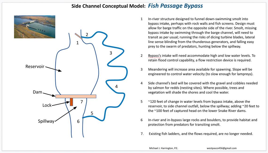 Fish passage side channel bypass conceptual drawing by Michael Harrington of Pasco.