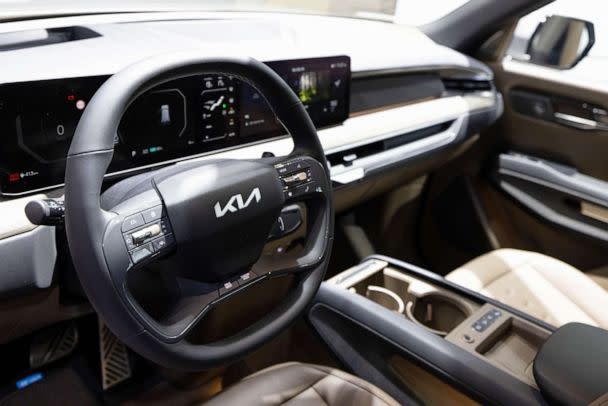 PHOTO: The Kia Corp. logo on the steering wheel of an EV9 electric sports utility vehicle, March 30, 2023. (SeongJoon Cho/Bloomberg via Getty Images)