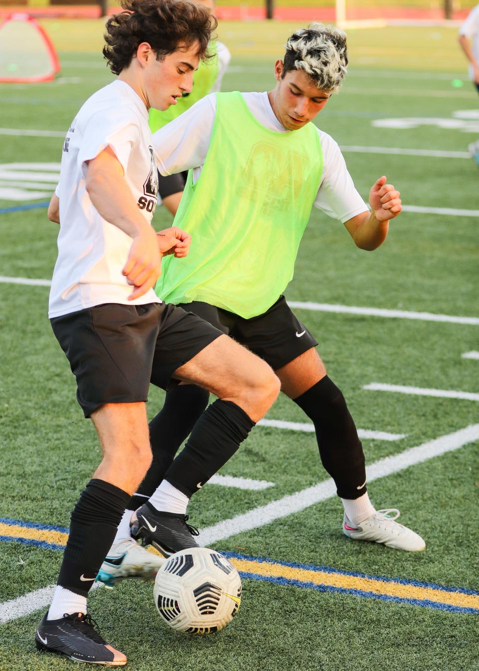 Oliver Ames' Diego Rivera, right, battles for the ball during a practice on Tuesday, August 22, 2023.