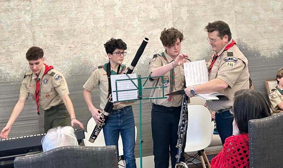 Jonathan Oen orchestrated a music session Feb. 11 at Autumn Care Senior Living in Farragut featuring himself and Nicholas Ferrigno on bassoon, Eli Griffin on bass clarinet, and Scoutmaster Rodney Griffin.