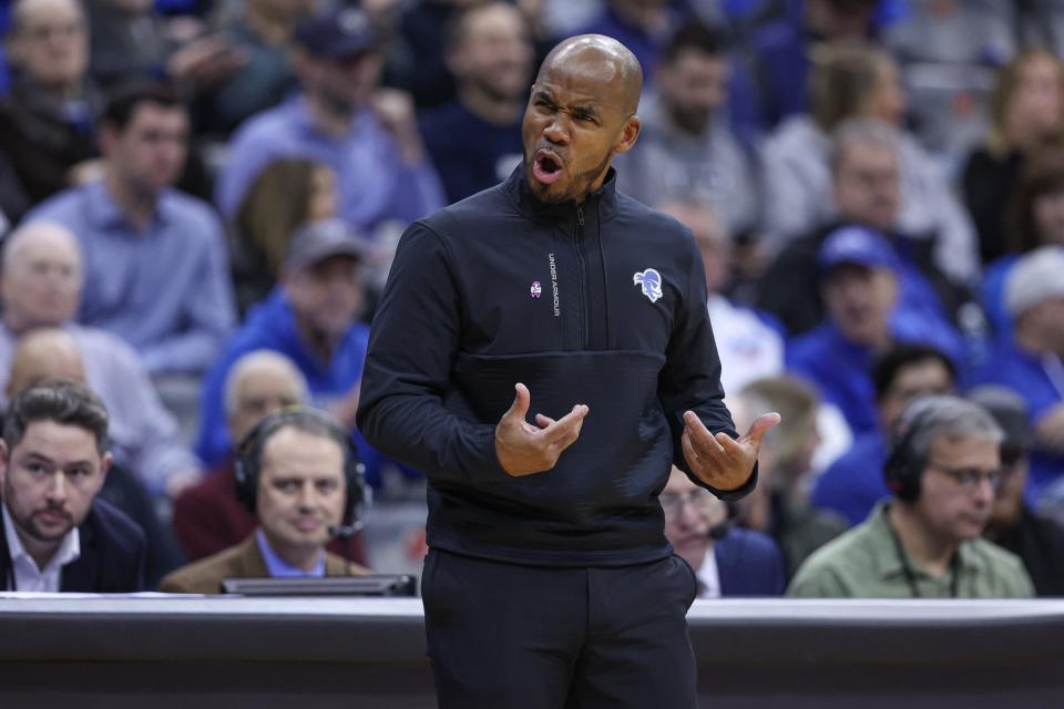 Seton Hall Pirates head coach Shaheen Holloway reacts during the first half against the Connecticut Huskies at Prudential Center.