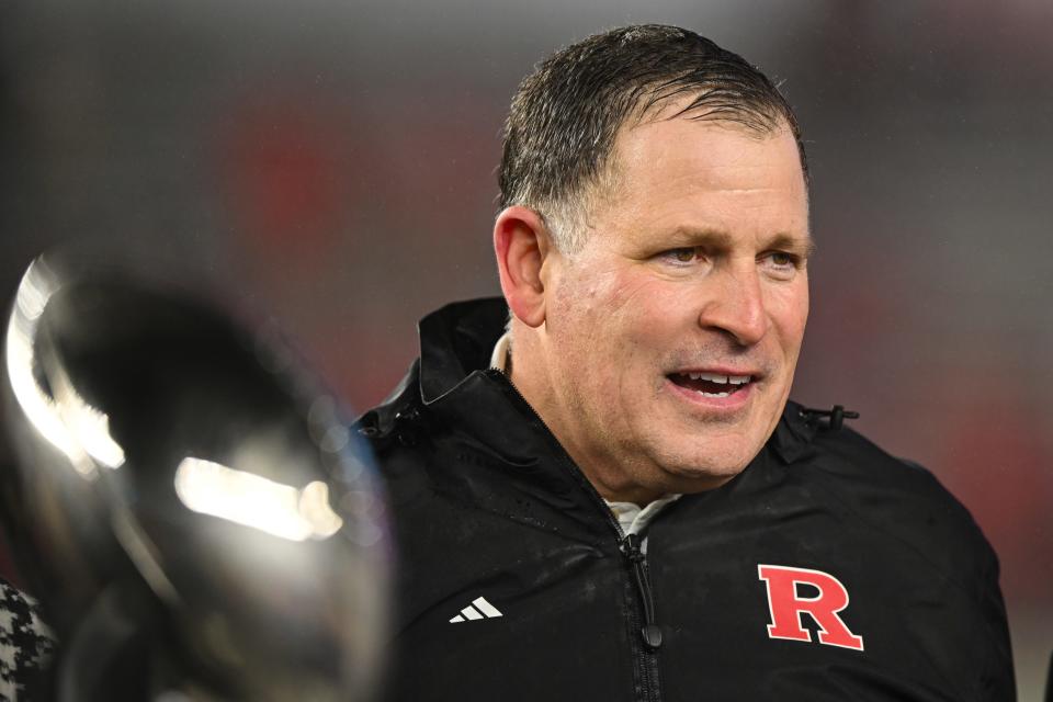 Dec 28, 2023; Bronx, NY, USA; Rutgers Scarlet Knights head coach Greg Schiano after the game against the Miami Hurricanes at Yankee Stadium. Mandatory Credit: Mark Smith-USA TODAY Sports