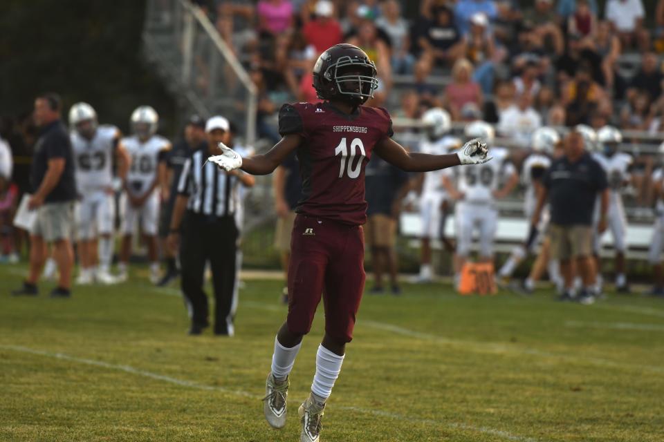 Mark Carothers (10) celebrates a long kickoff return against Cedar Cliff on August 25, 2023. The Colts defeated the Greyhounds 29-13.