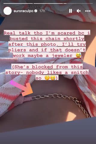 <p>Aurora Culpo/instagram</p> Aurora Culpo confesses to breaking the chain on her sister's bikini.