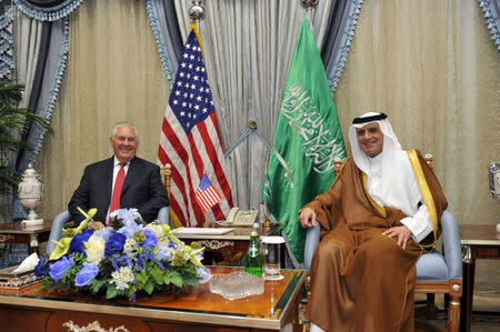 Saudi Foreign Minister Adel al-Jubeir meets with U.S. Secretary of State Rex Tillerson in Jeddah, Saudi Arabia July 12, 2017. Saudi Press Agency/Handout via REUTERS