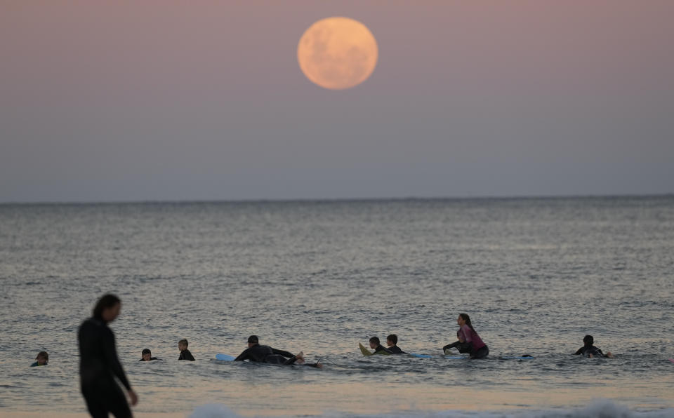 Surfers wait for waves as the moon rises in Sydney Wednesday, May 26, 2021. A total lunar eclipse, also known as a Super Blood Moon will take place later tonight as the moon appears slightly reddish-orange in colour. (AP Photo/Mark Baker)