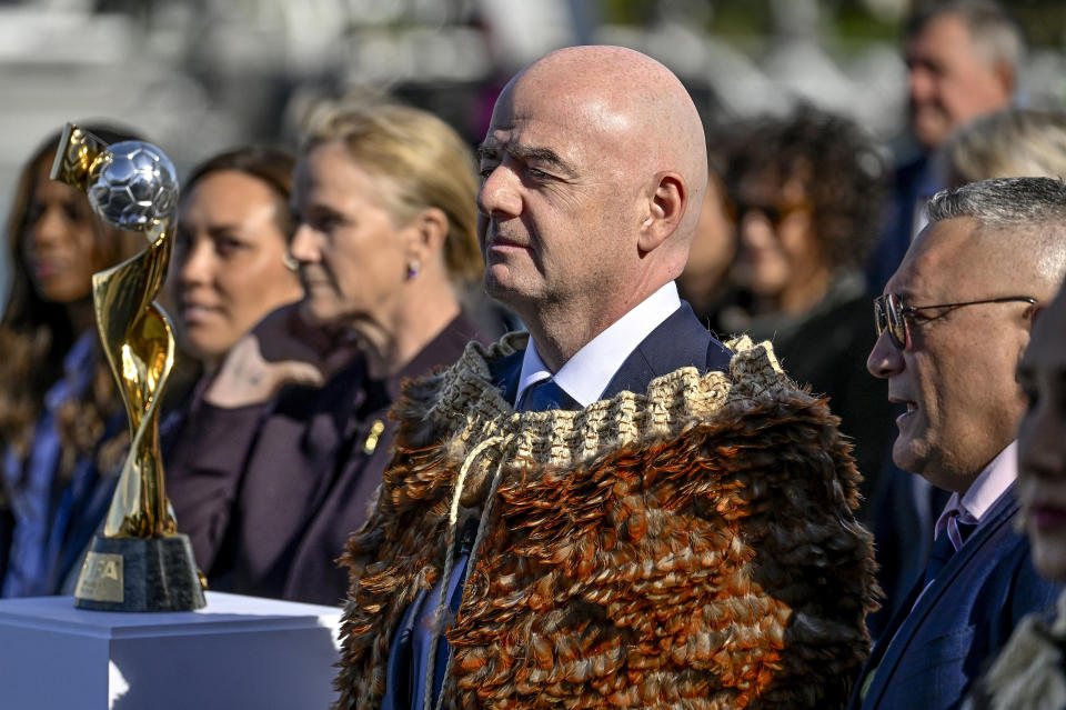 FIFA President Giovanni Infantino during the Powhiri ceremony ahead of the FIFA Women's World Cup 2023 draw in Auckland, New Zealand, Friday OCT. 21, 2022. The draw for the tournament to be held in Australia and New Zealand in 2023 will be held on Saturday, Oct. 22. (Alan Lee/photosport.nz via AP)