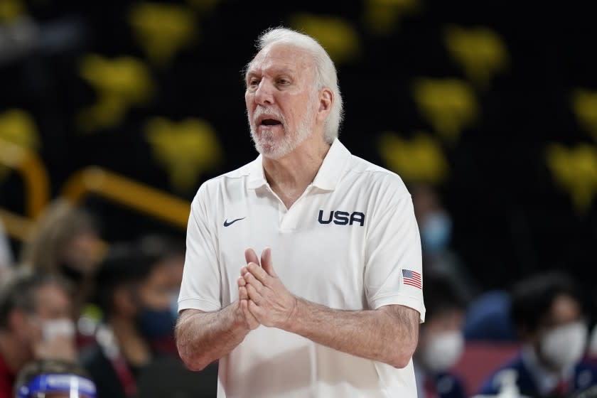 U.S. coach Gregg Popovich questions a call against his team during a game against France on July 25 at the Tokyo Olympics.