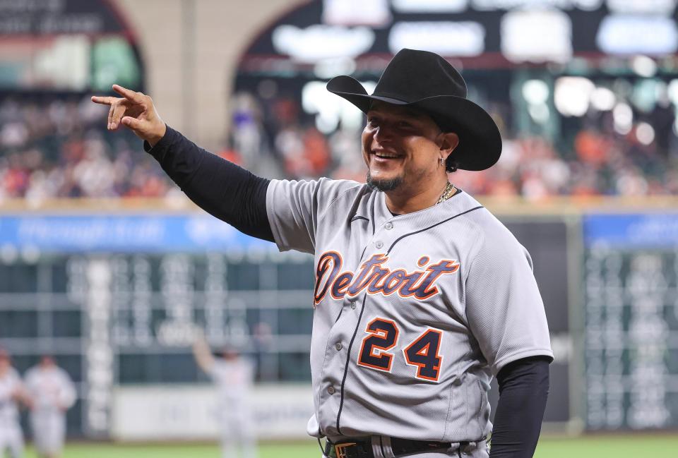 Detroit Tigers designated hitter Miguel Cabrera is honored and given a cowboy hat before the game against the Houston Astros at Minute Maid Park in Houston, April 5, 2023.