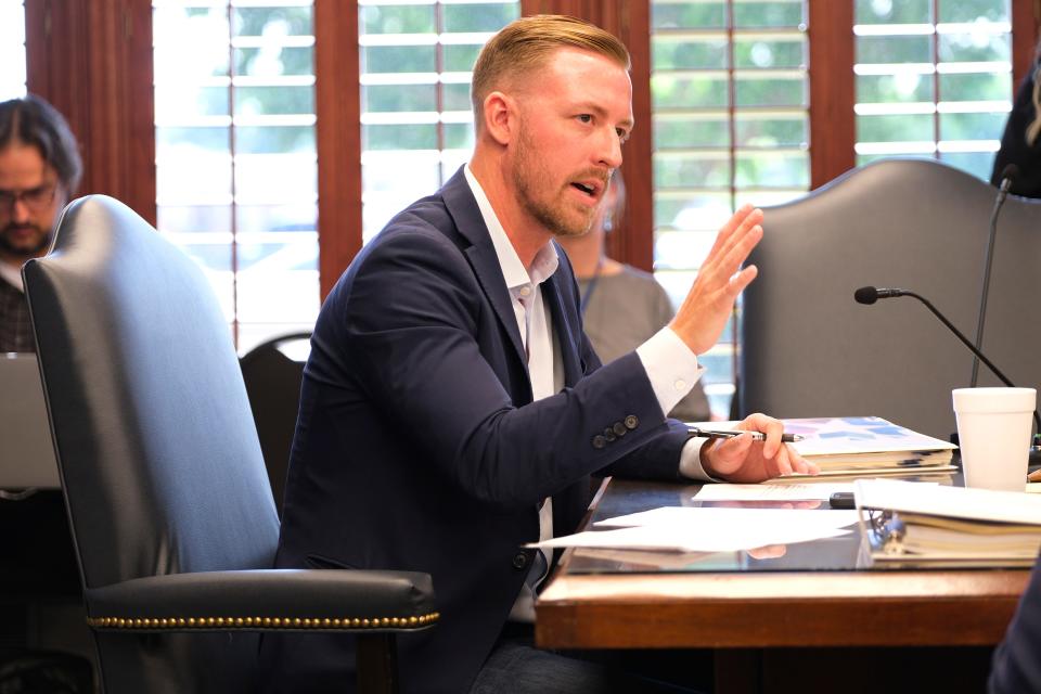 State schools Superintendent Ryan Walters speaks at an Oklahoma State Board of Education meeting on June 21. Despite accusations that he views the Tulsa Race Massacre through a colorblind lens, Walters said it was an "evil" and "racist" chapter of Oklahoma history.